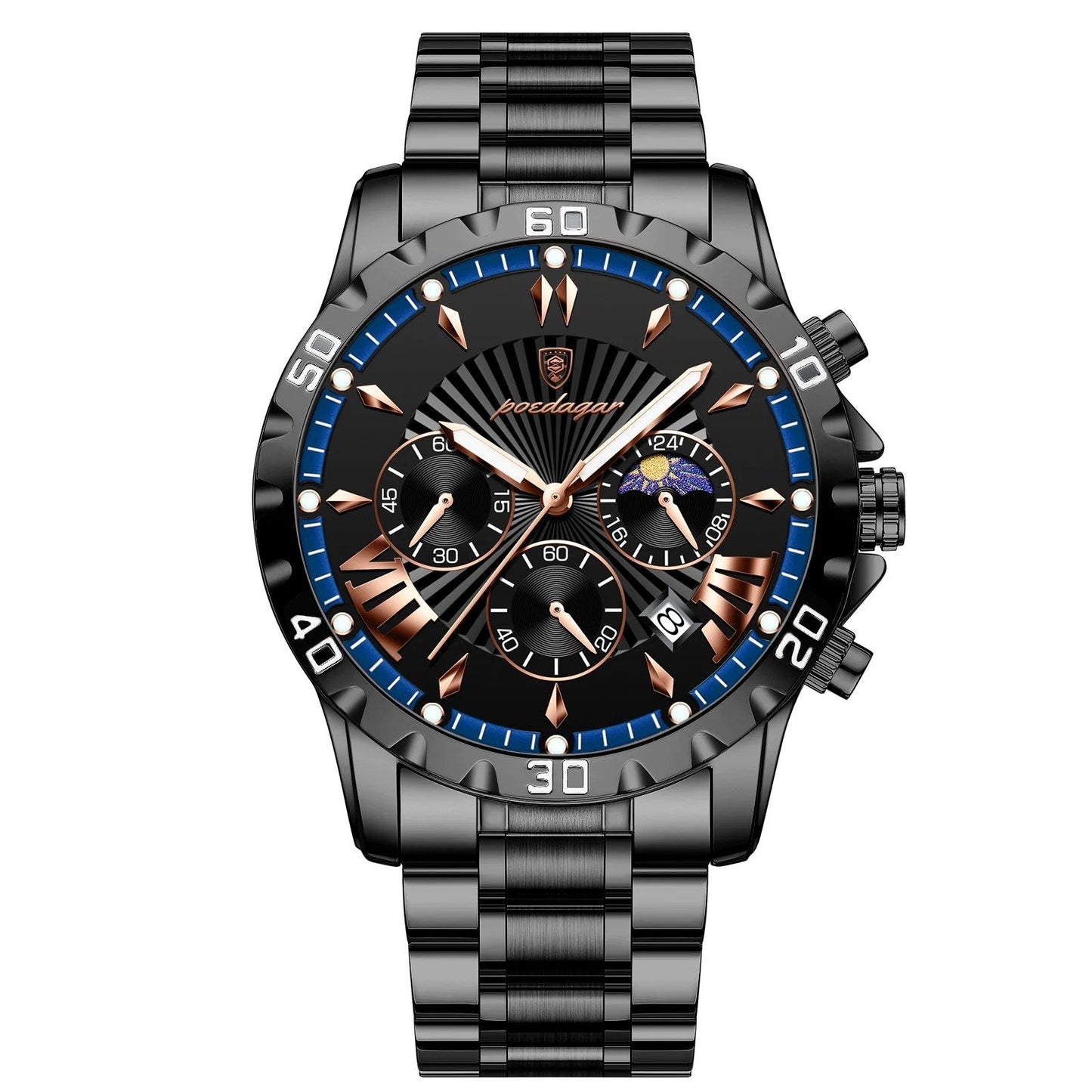 Chronos - Poedagar Luxury Men's Chronograph Watch Rose Gold & Black Edition
