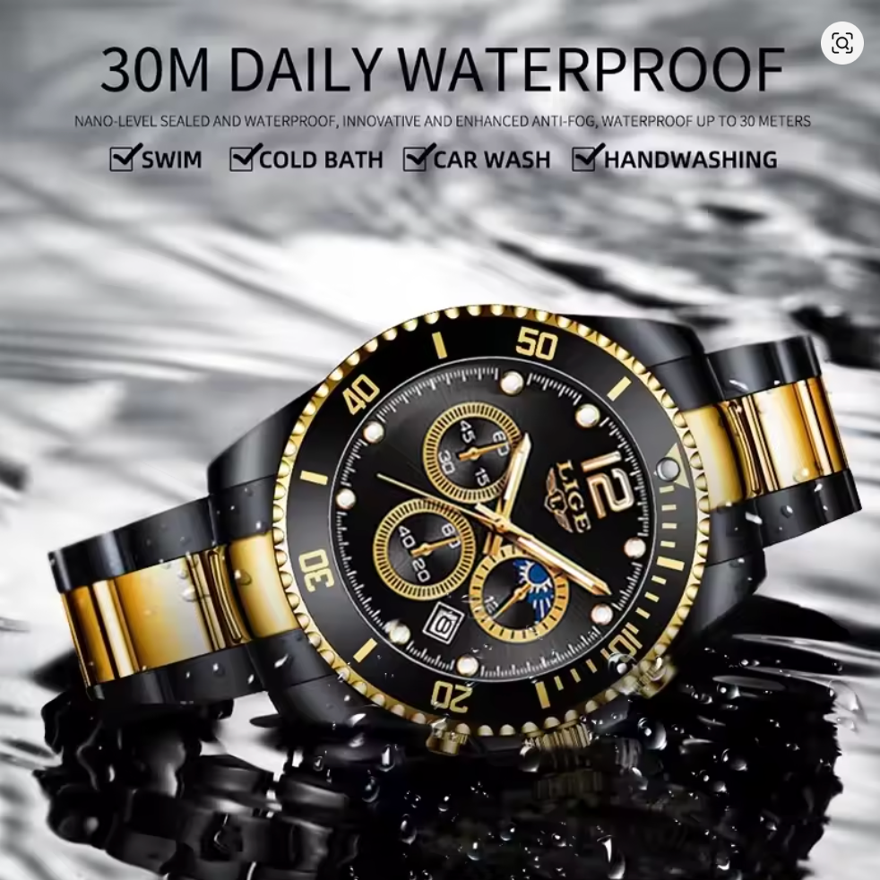 Golden Vortex - Men's Luxury Watch with Stainless Steel Build, Date Display & Chronograph Features