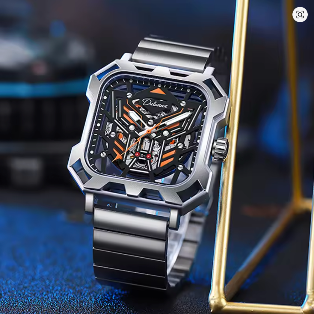 The Stratos - Square Skeleton Automatic Mechanical Watch, Stainless Steel Strap Men's Watches