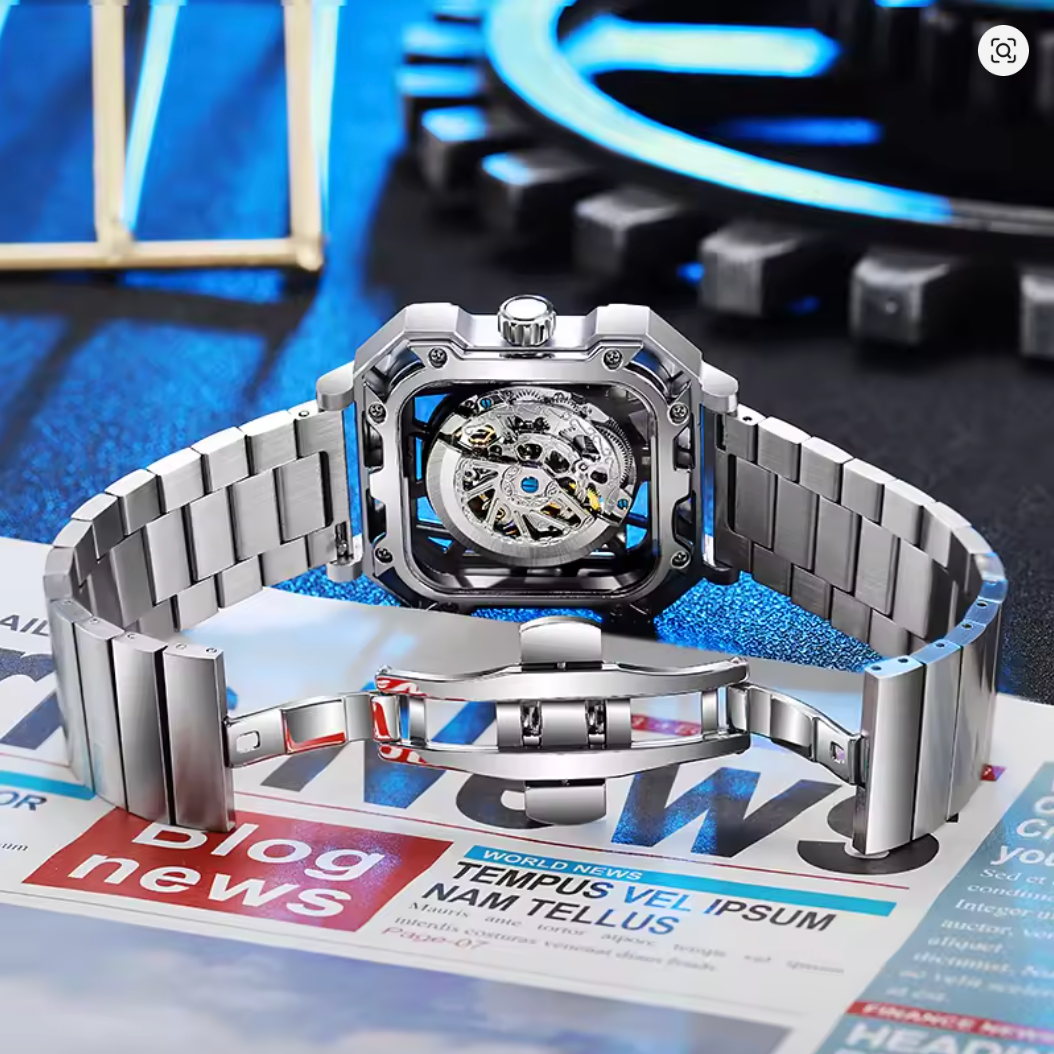 The Stratos - Square Skeleton Automatic Mechanical Watch, Stainless Steel Strap Men's Watches