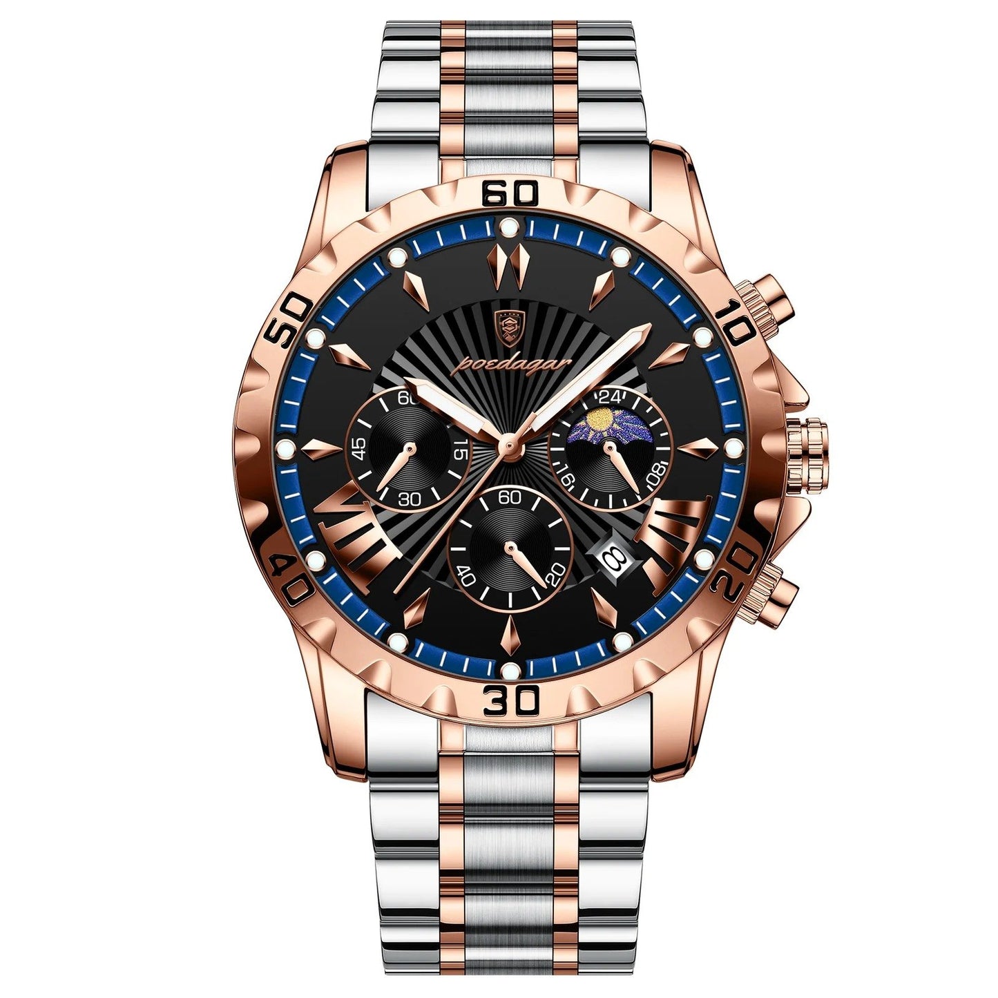 Chronos - Poedagar Luxury Men's Chronograph Watch Rose Gold & Black Edition