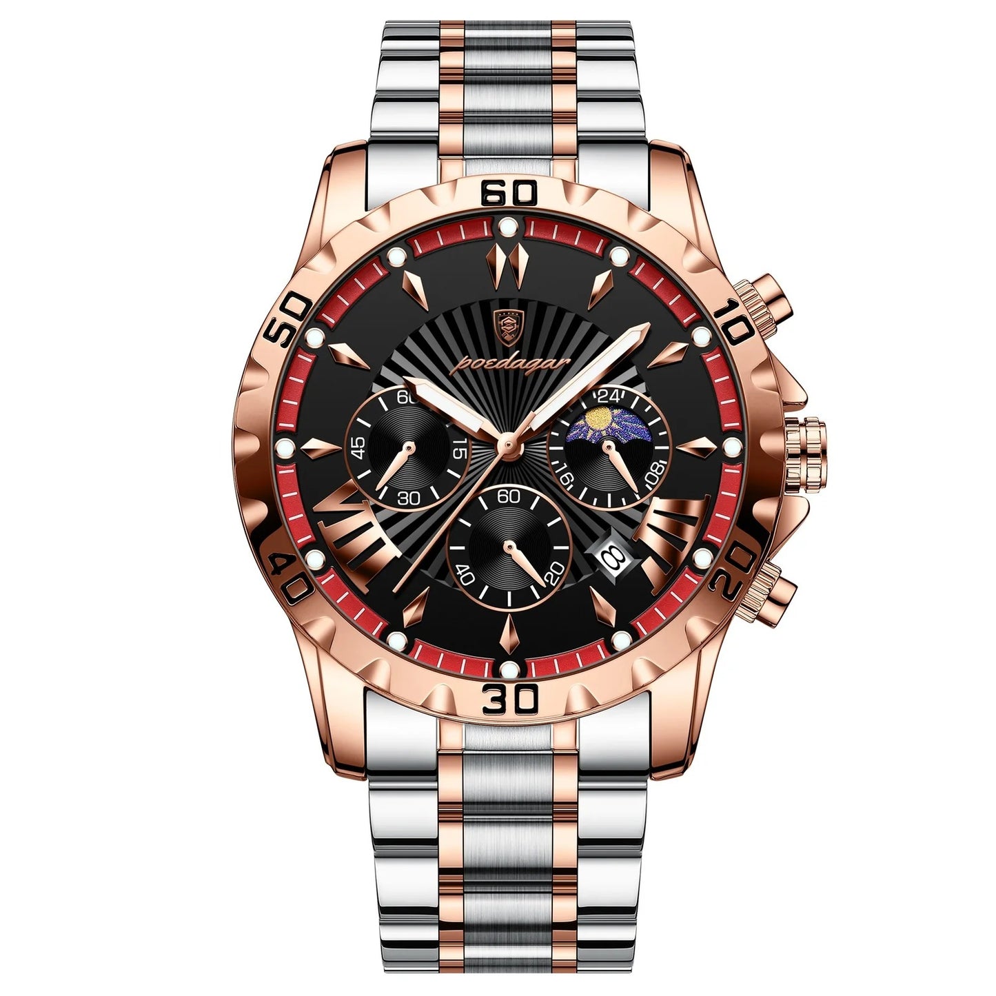 Chronos - Poedagar Luxury Men's Chronograph Watch Rose Gold & Black Edition