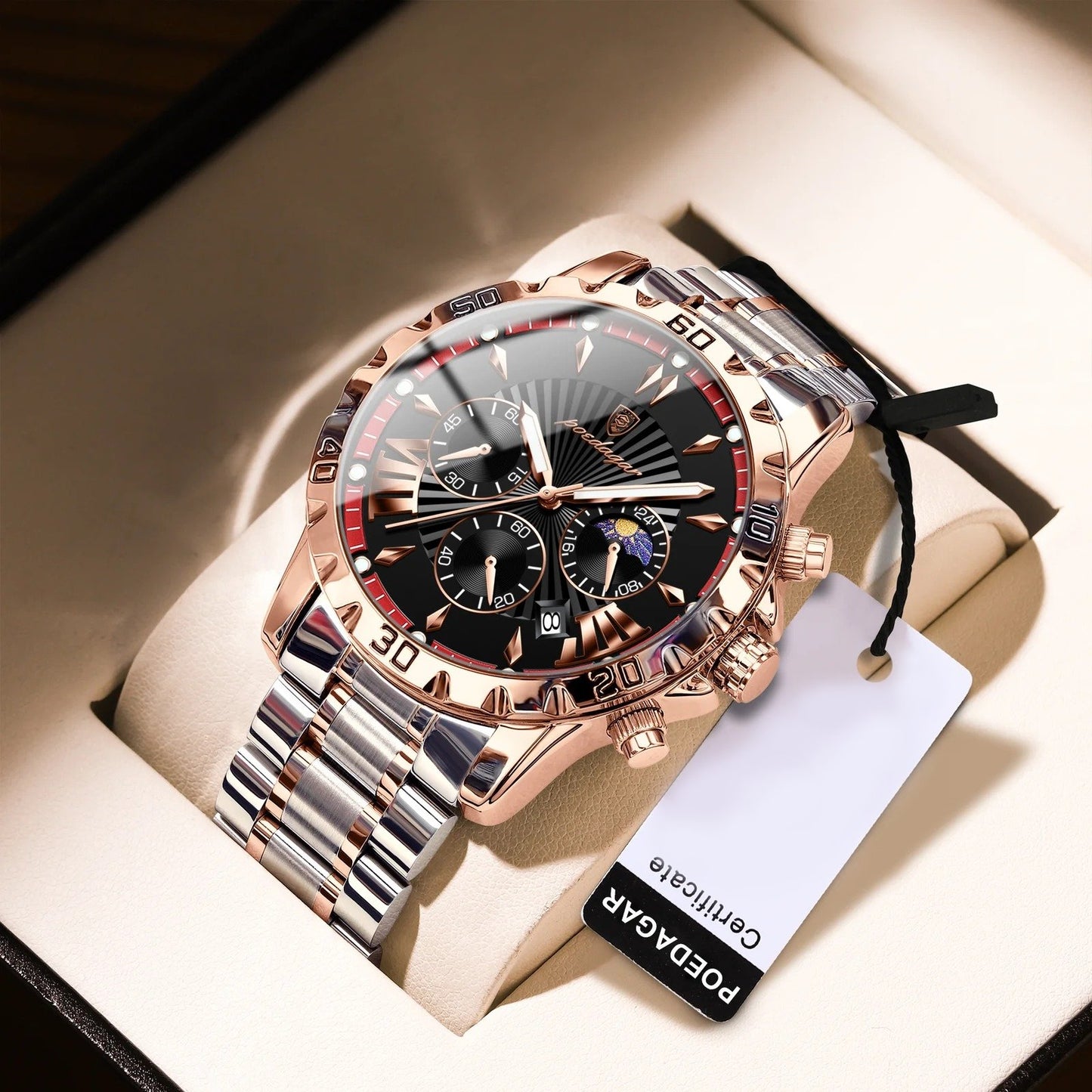Chronos - Poedagar Luxury Men's Chronograph Watch Rose Gold & Black Edition