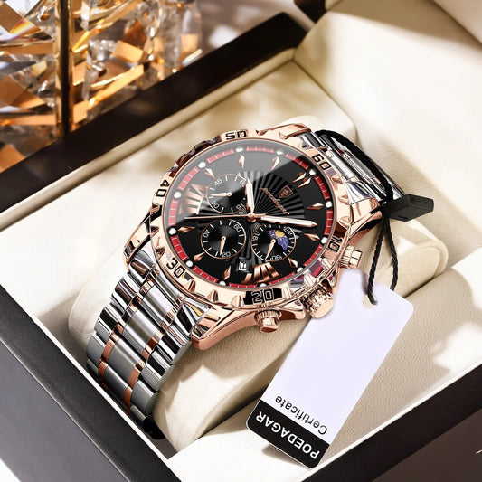 Chronos - Poedagar Luxury Men's Chronograph Watch Rose Gold & Black Edition