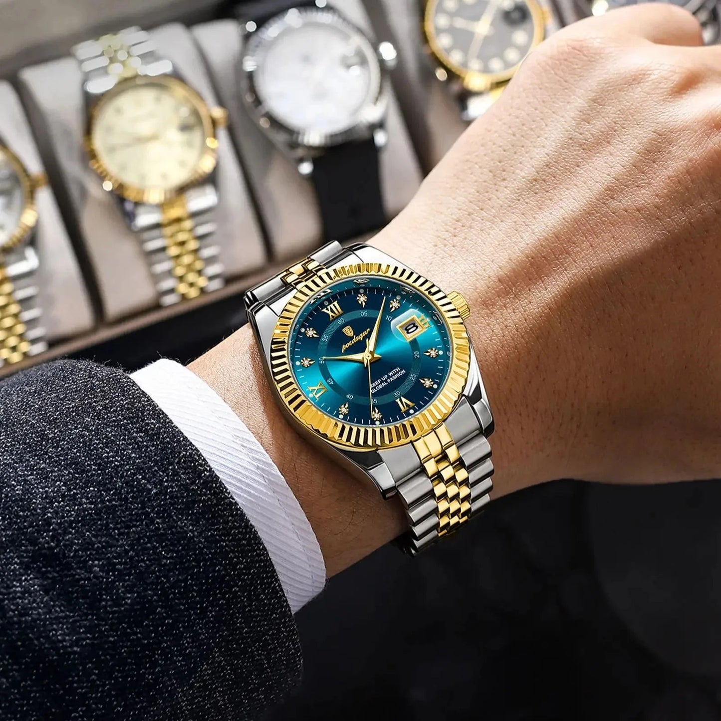 Sentinal - Poedagar Luxury Men's Quartz Watch Gold & Azure Blue Edition